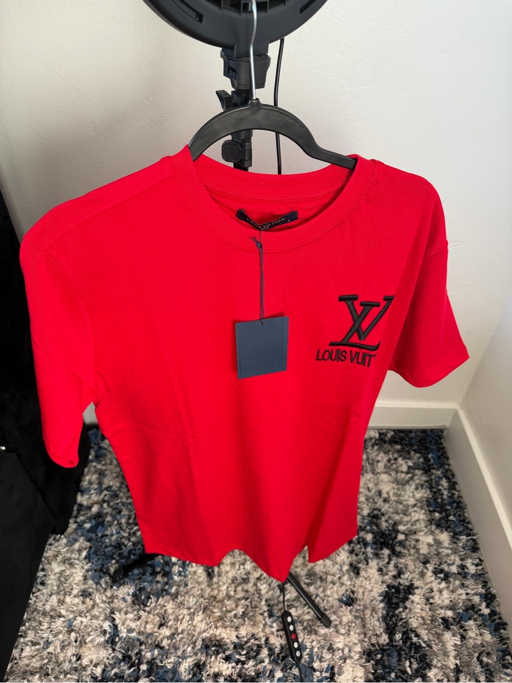 Louis Vuitton Bright Red Kids' Crew Neck Tee with Black LV Chest Logo